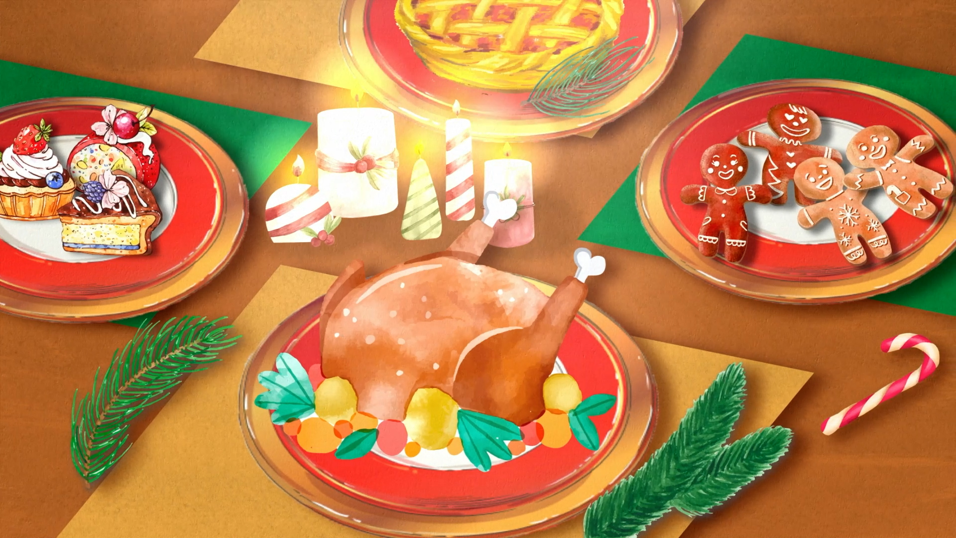 A festive table with roast chicken, pie, assorted desserts, gingerbread cookies, candles, candy canes, and pine branches on colorful plates and placemats.