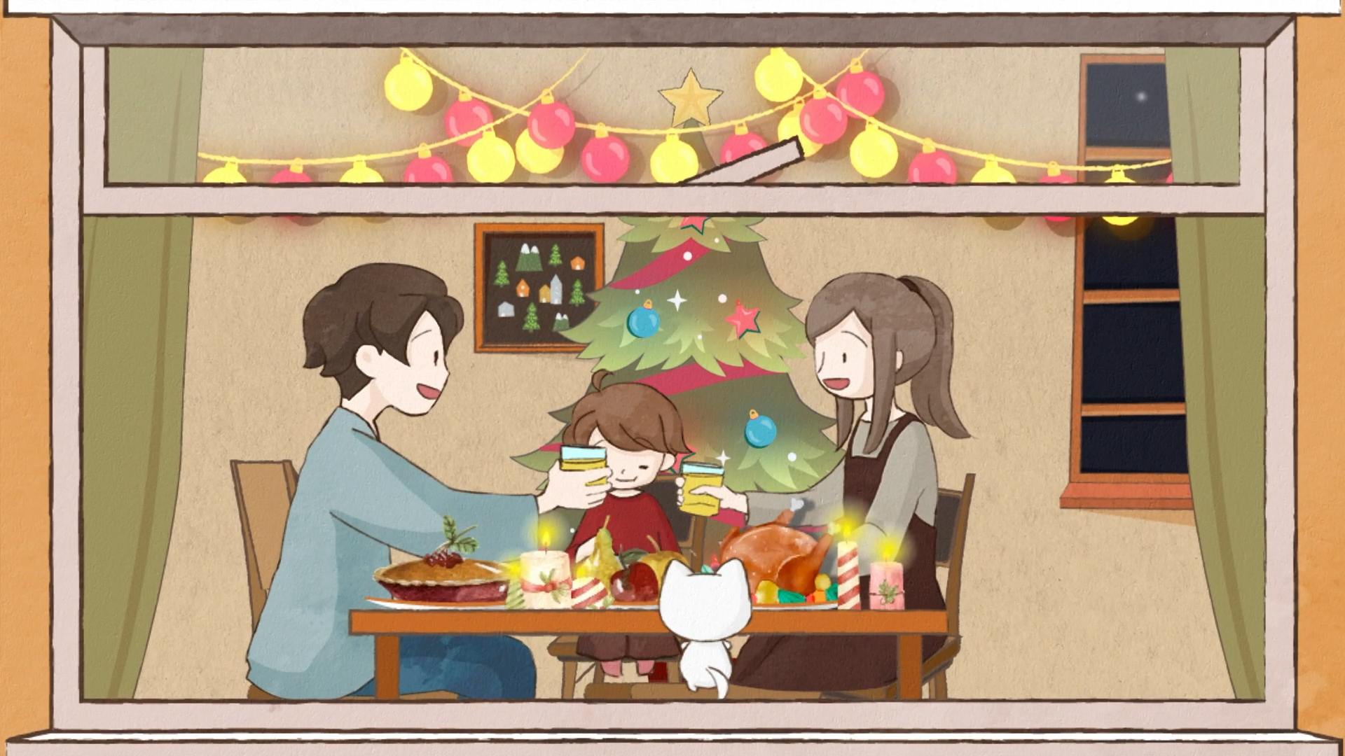 A family of three and a white cat enjoy a festive meal at a decorated table, toasting drinks beside a Christmas tree, with colorful lights and ornaments glowing in the cozy room.