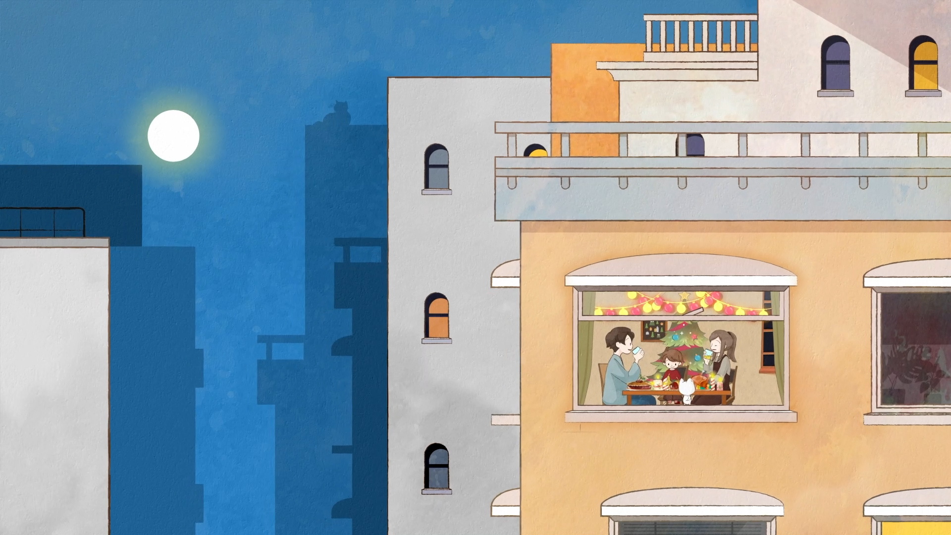 Illustration of three people sharing a meal at a table by a window in an apartment building at night, with the moon and other buildings visible in the background. The room is decorated with string lights.