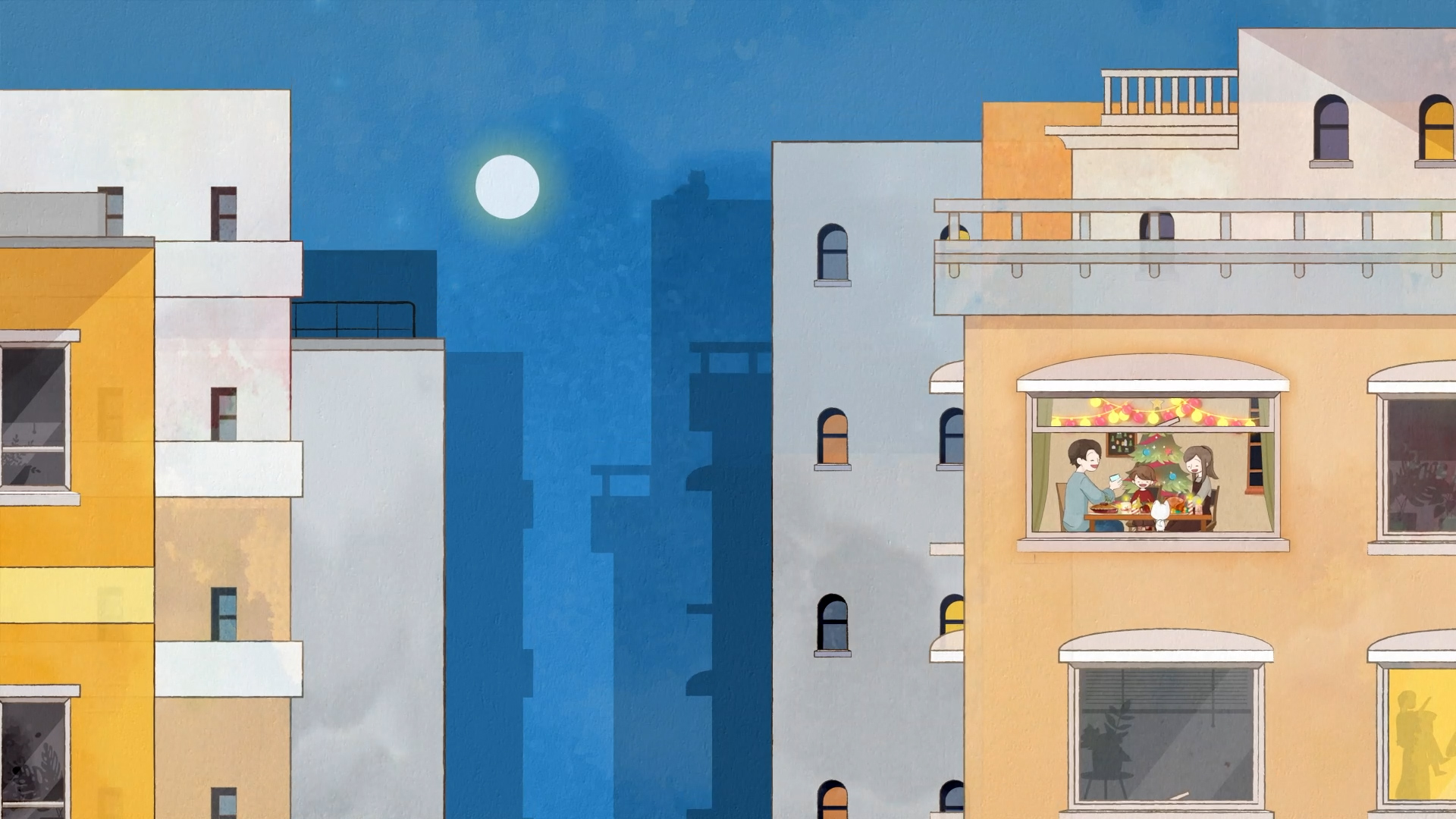 An illustration of tall apartment buildings at night under a full moon. In a lit window, two people sit at a table with food, appearing to share a meal in a warmly decorated room, while the rest of the windows are dark.
