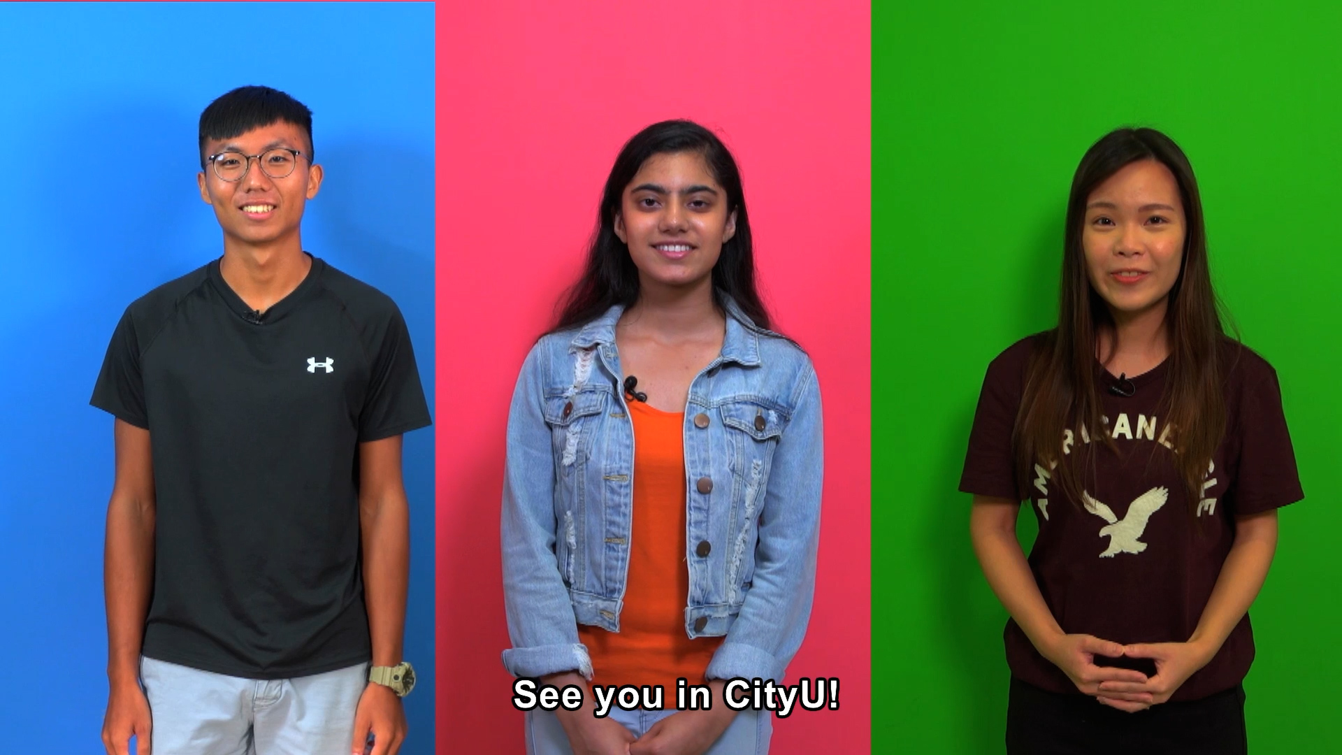 Three young adults stand in front of blue, pink, and green backgrounds. Each faces forward, smiling. Subtitle at the bottom reads: "See you in CityU!.