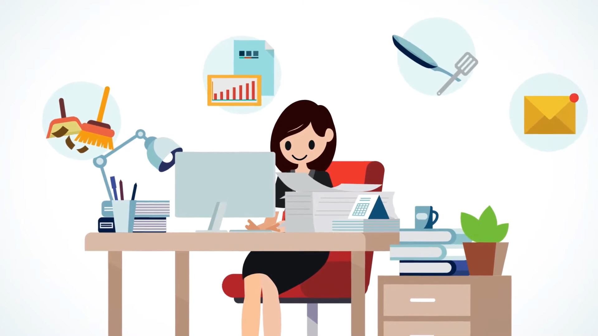 A cartoon woman sits at a desk with a computer, stacks of paper, books, a lamp, and office supplies. Graph, mail, and food icons float above her, suggesting multitasking or a busy work environment.