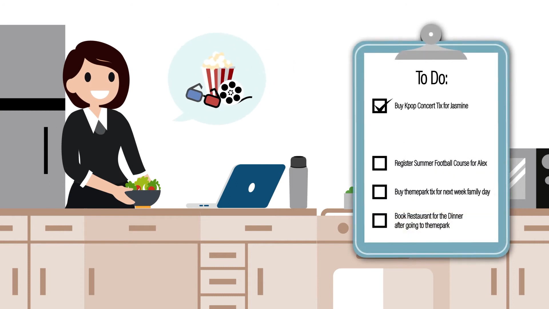 A woman cooks in a kitchen while a clipboard shows a to-do list, including tasks like buying popcorn, registering for a football course, buying theme park tickets, and booking a restaurant for dinner.