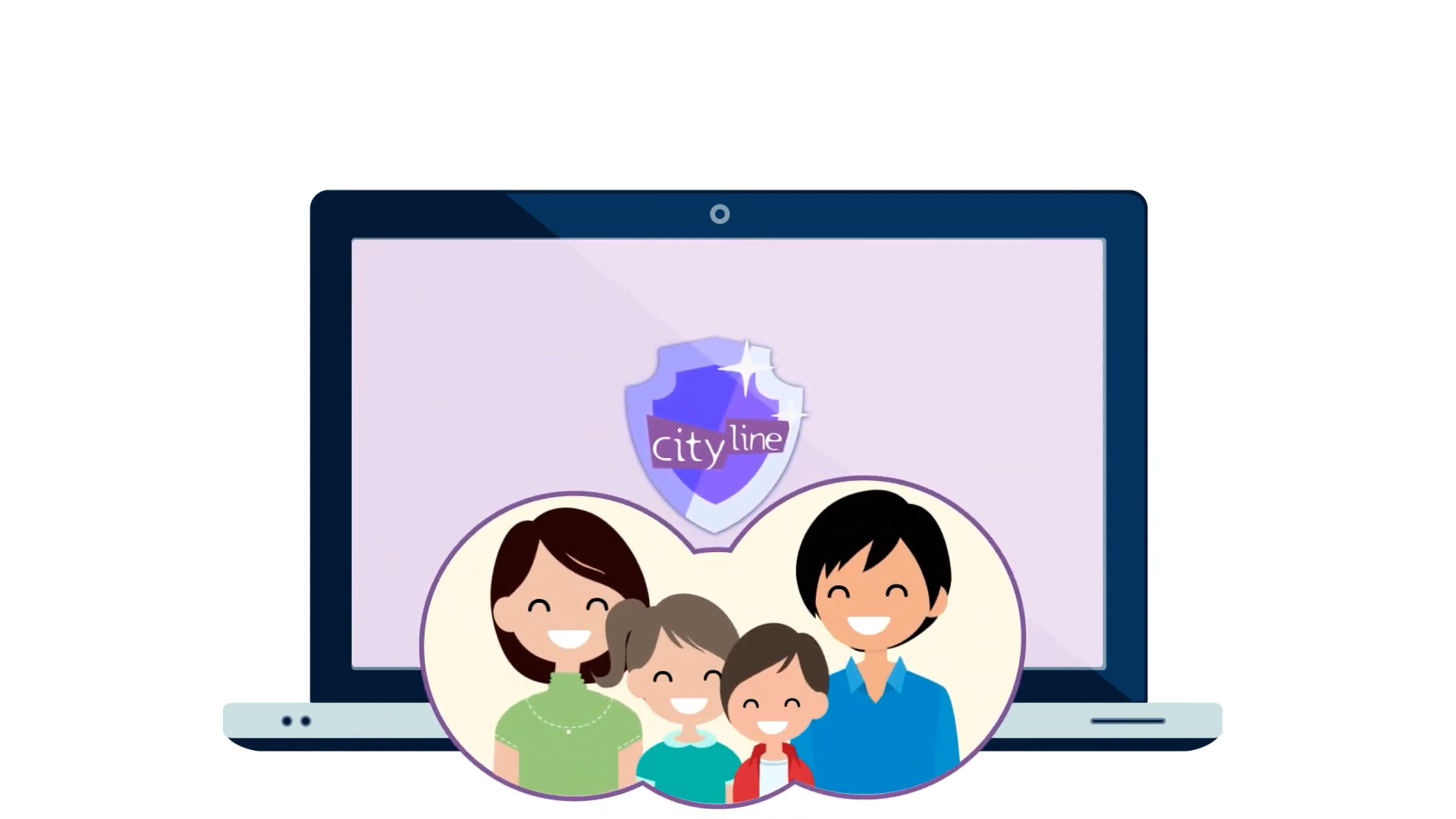 Illustration of a smiling family of four in front of a laptop screen displaying a shield with the word "Cityline" on it, representing online safety or digital protection for families.