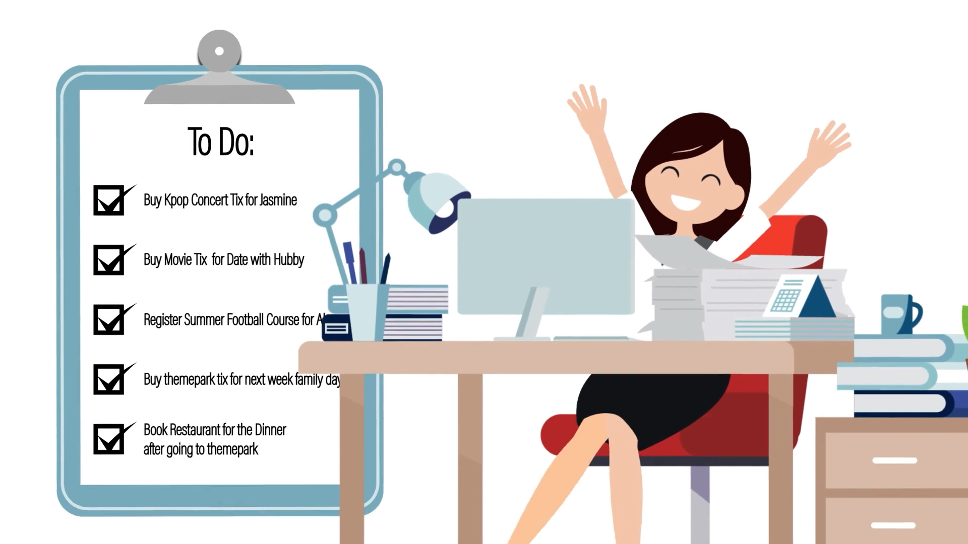 Illustration of a smiling woman at a desk with a computer, raising one arm in celebration. Next to her is a clipboard with a to-do list featuring items, most of which are checked off.