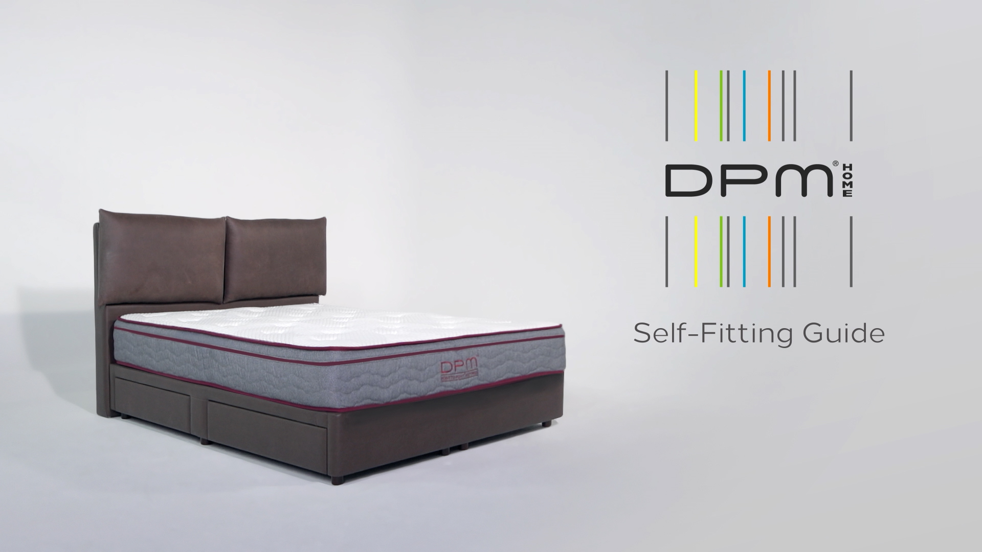 A modern upholstered bed with a white and gray mattress is shown on the left. On the right, the DPM Home logo and “Self-Fitting Guide” text are displayed on a plain white background.