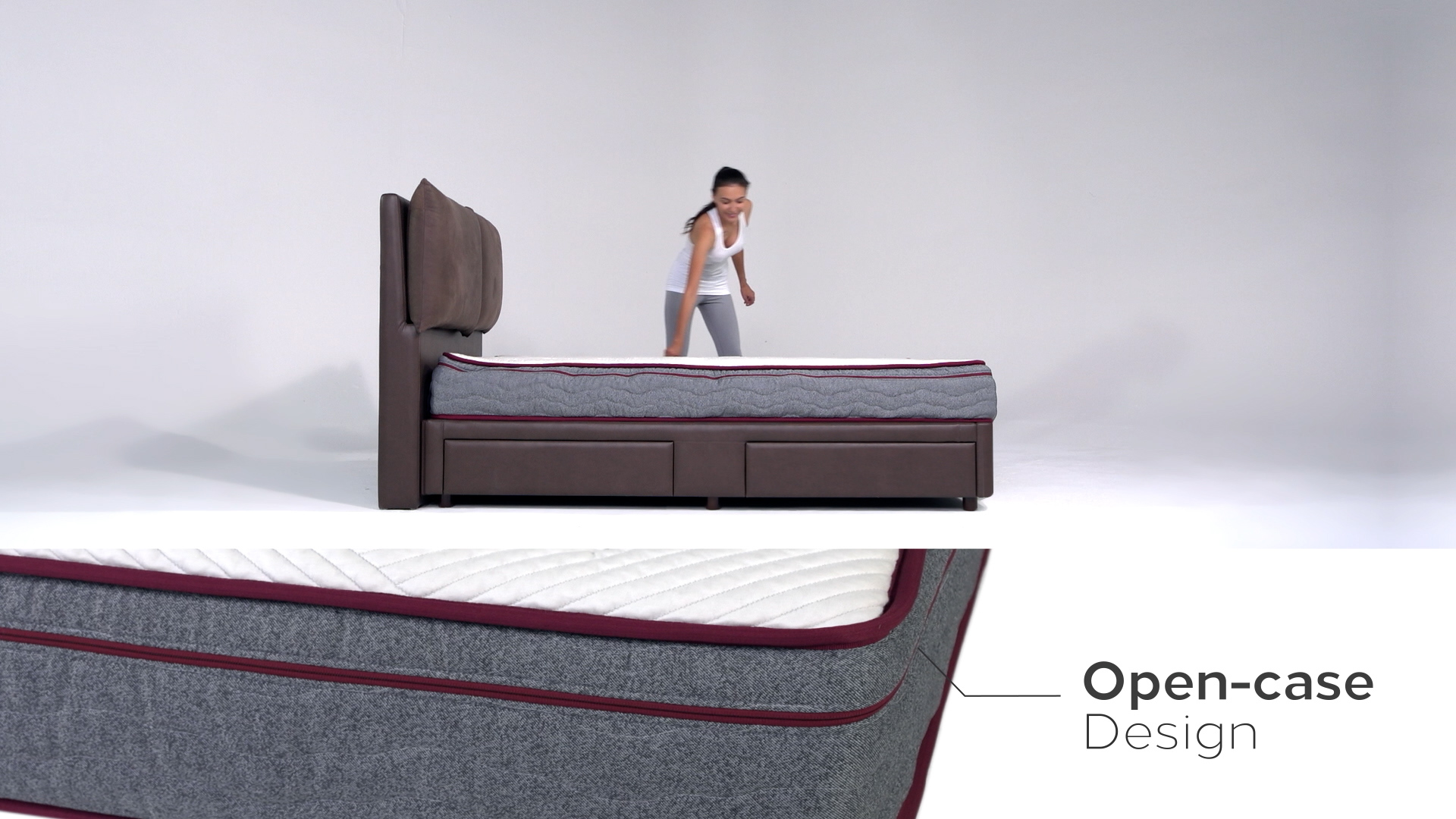 A woman in athletic wear stands by a modern bed with a tall, cushioned headboard. An inset shows a close-up of the bed's gray and maroon open-case design, with text reading "Open-case Design.