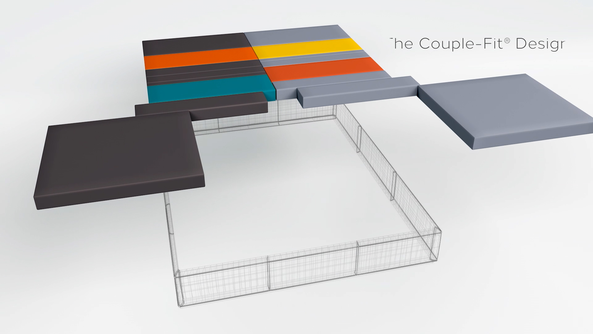 A 3D model shows a modular bed design with colorful, separate mattress sections above a wireframe bed frame, demonstrating how the pieces fit together.