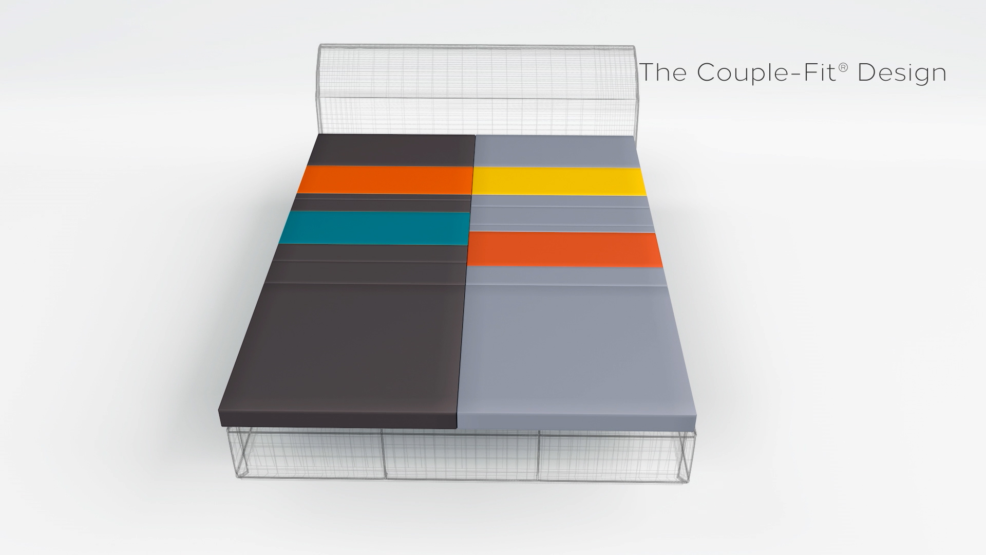 A bed with a wireframe headboard and mattress divided into colored sections—dark gray, teal, orange, yellow, and light gray—with the text "The Couple-Fit® Design" on the right side.