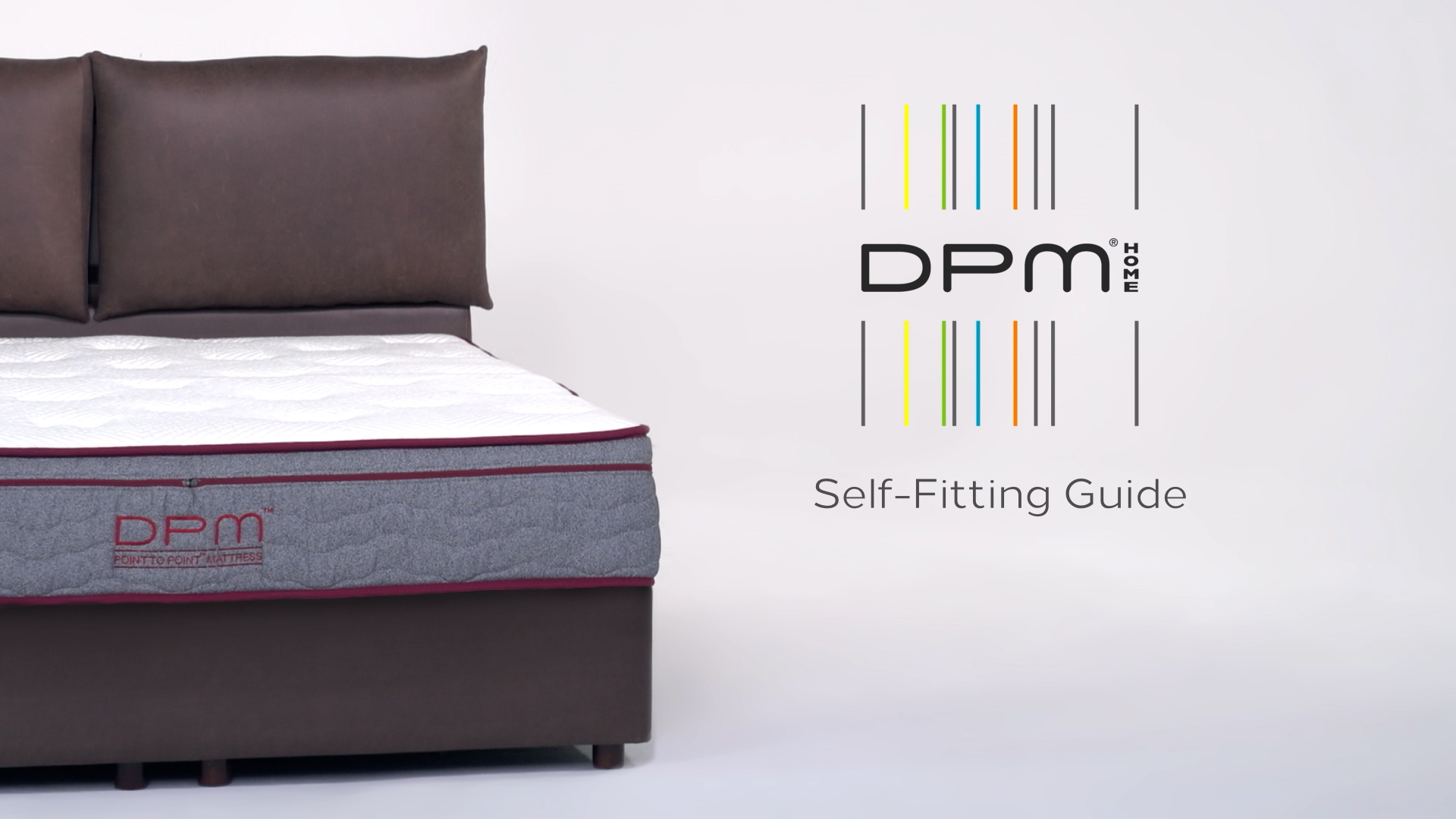 A brown bed with a white mattress is shown on the left, next to the DPM Home logo and colorful lines. The text "Self-Fitting Guide" appears on the right against a plain white background.