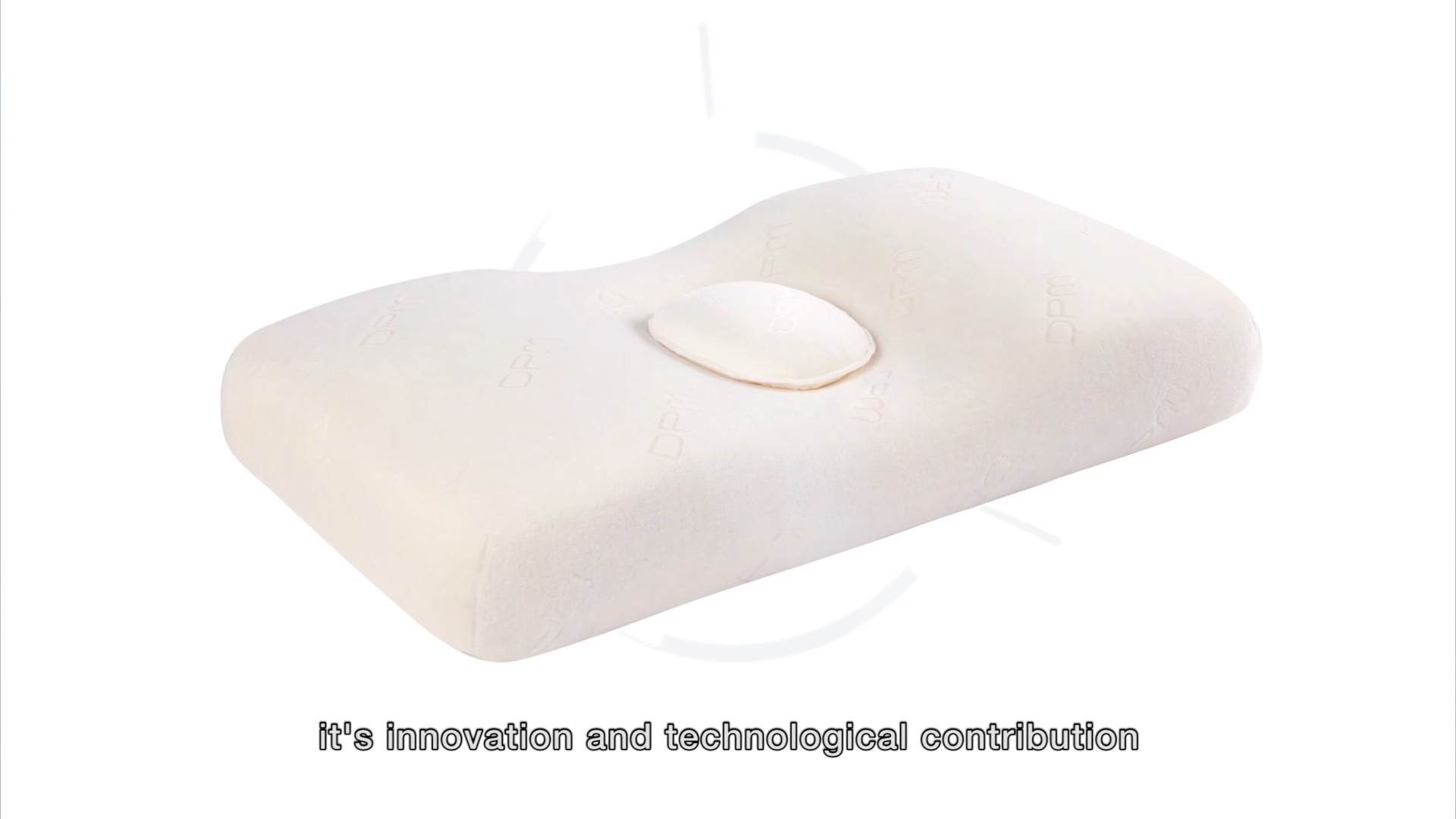 A white ergonomic pillow with a central depression and raised sides, displayed on a white background. Text at the bottom reads: "It's innovation and technological contribution.
