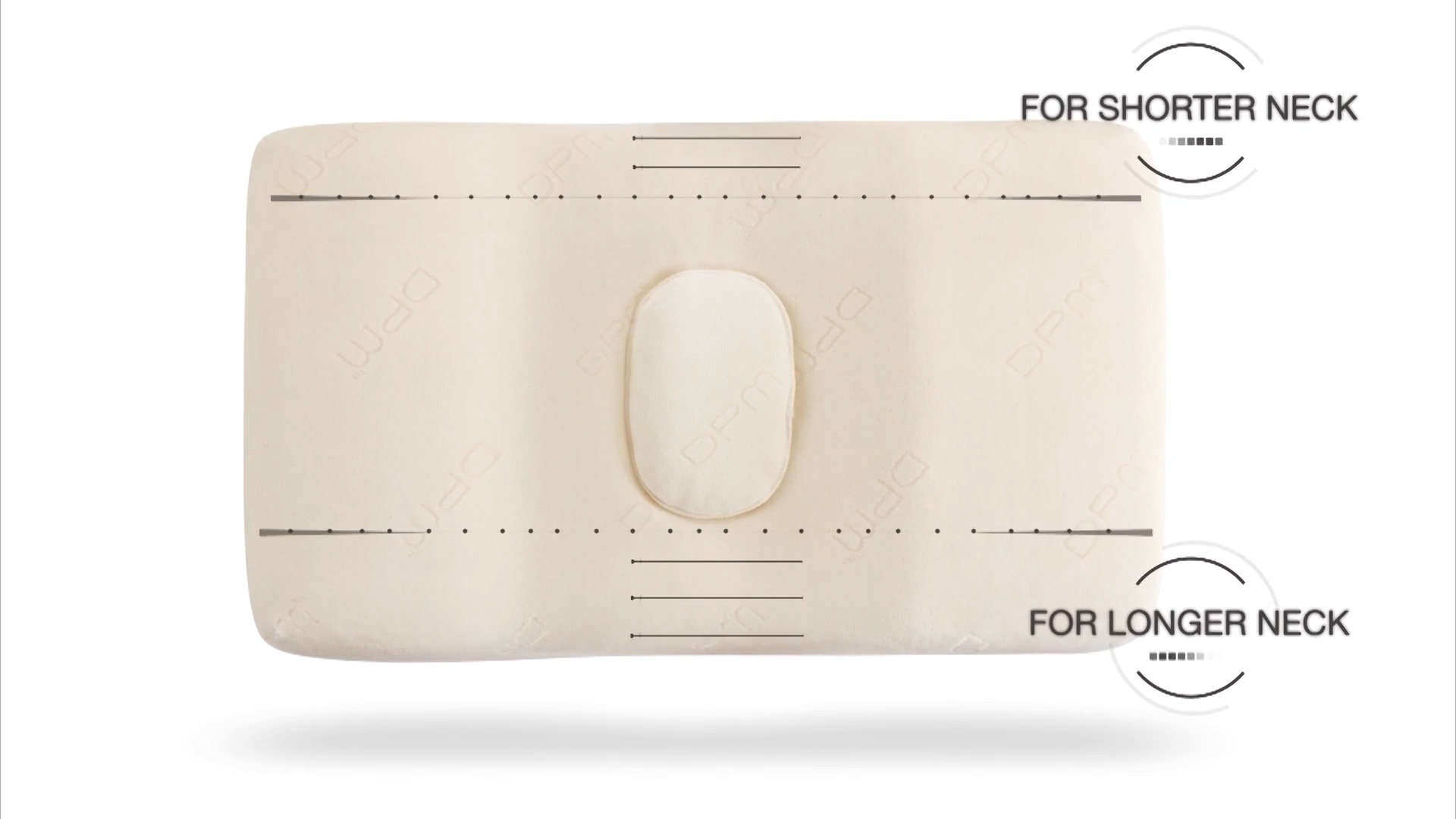 Rectangular orthopedic pillow with a central oval indentation and dashed guidelines indicating “For shorter neck” at the top and “For longer neck” at the bottom on a white background.