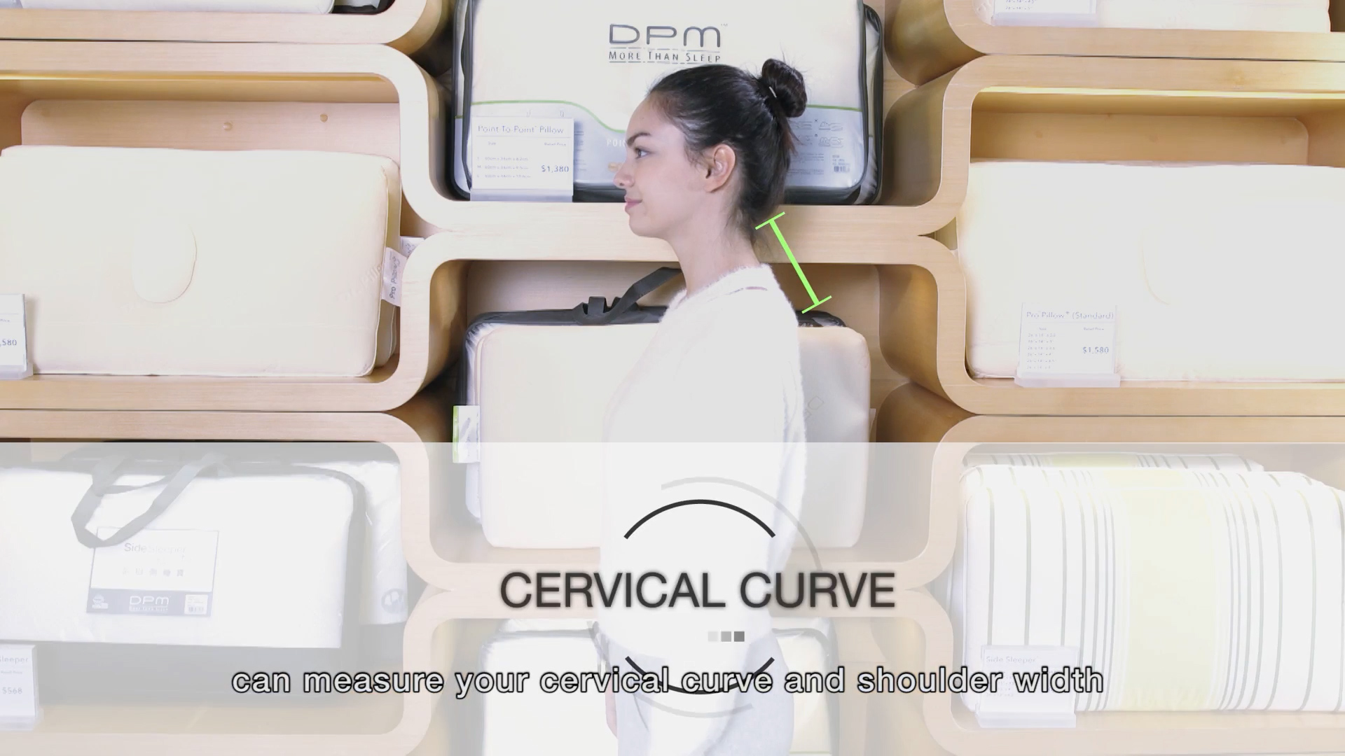 A woman stands in profile against a shelf of white bags, with a green line highlighting the curve of her neck. Text on the image reads "Cervical Curve" and "can measure your cervical curve and shoulder width.