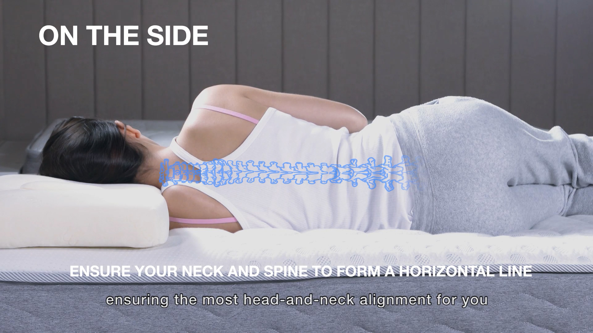 A woman lies on her side on a mattress, with a white pillow supporting her head. An illustrated blue spine shows her neck and spine aligned horizontally. Text reads, "ON THE SIDE," with instructions about proper neck and spine alignment.