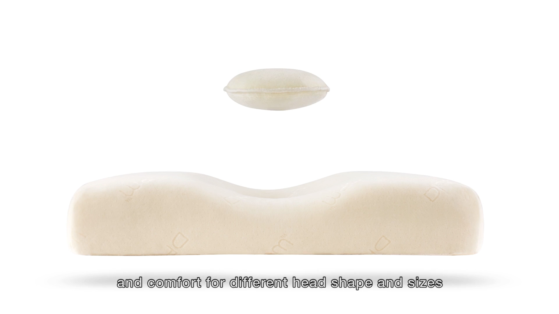 A contoured orthopedic pillow with a dip in the center and raised sides is shown with a matching round cushion above it. The caption below reads, "and comfort for different head shape and sizes.