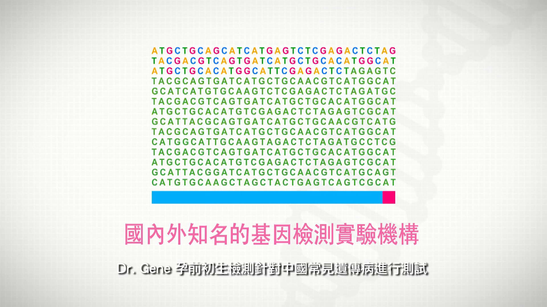 A colorful DNA sequence grid with rows of green letters (A, T, C, G) and some highlighted in red, blue, and yellow; below, there is Chinese and English text about genetic testing institutions.