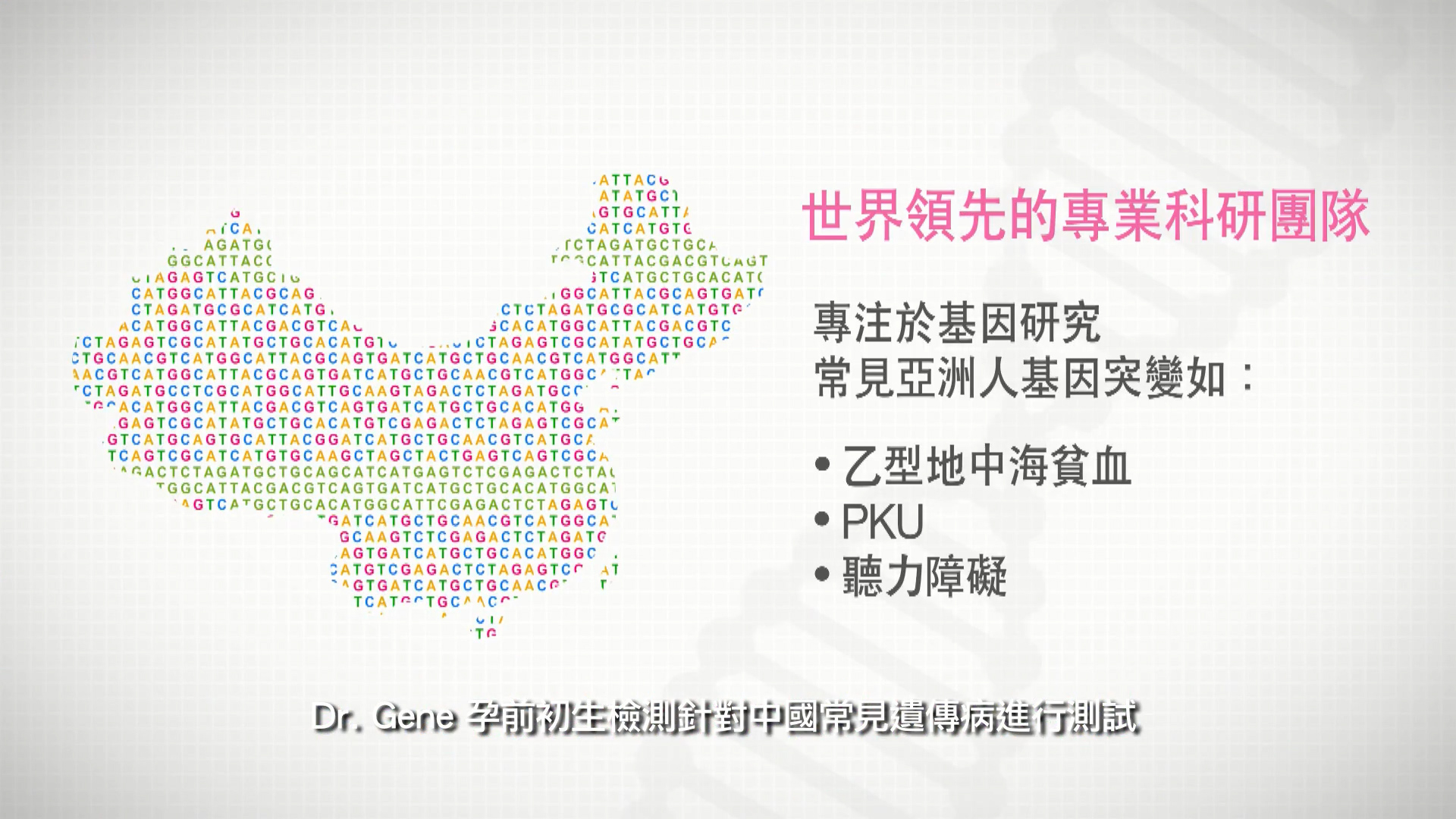 An outline of China filled with colorful DNA sequences. Chinese text describes genetic research for common Asian disorders, including alpha-thalassemia, PKU, and hearing loss. English text notes Dr. Gene’s past work in China.