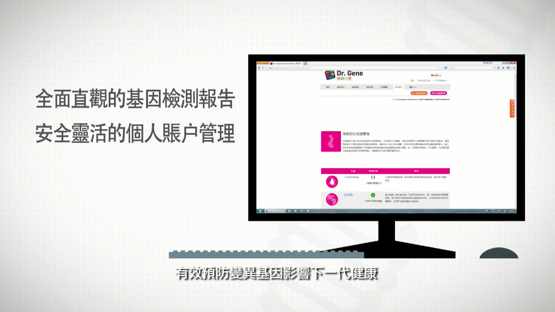 A computer monitor displays a genetic testing report webpage in Chinese. Text on the left reads "全面直觀的基因檢測報告 安全靈活的個人賬戶管理." Chinese subtitles appear at the bottom of the image.