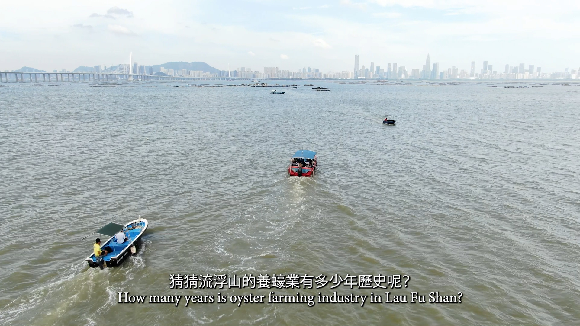 Several small boats float on calm water under a cloudy sky, with a distant city skyline visible. Chinese and English subtitles ask about the history of oyster farming in Lau Fu Shan.