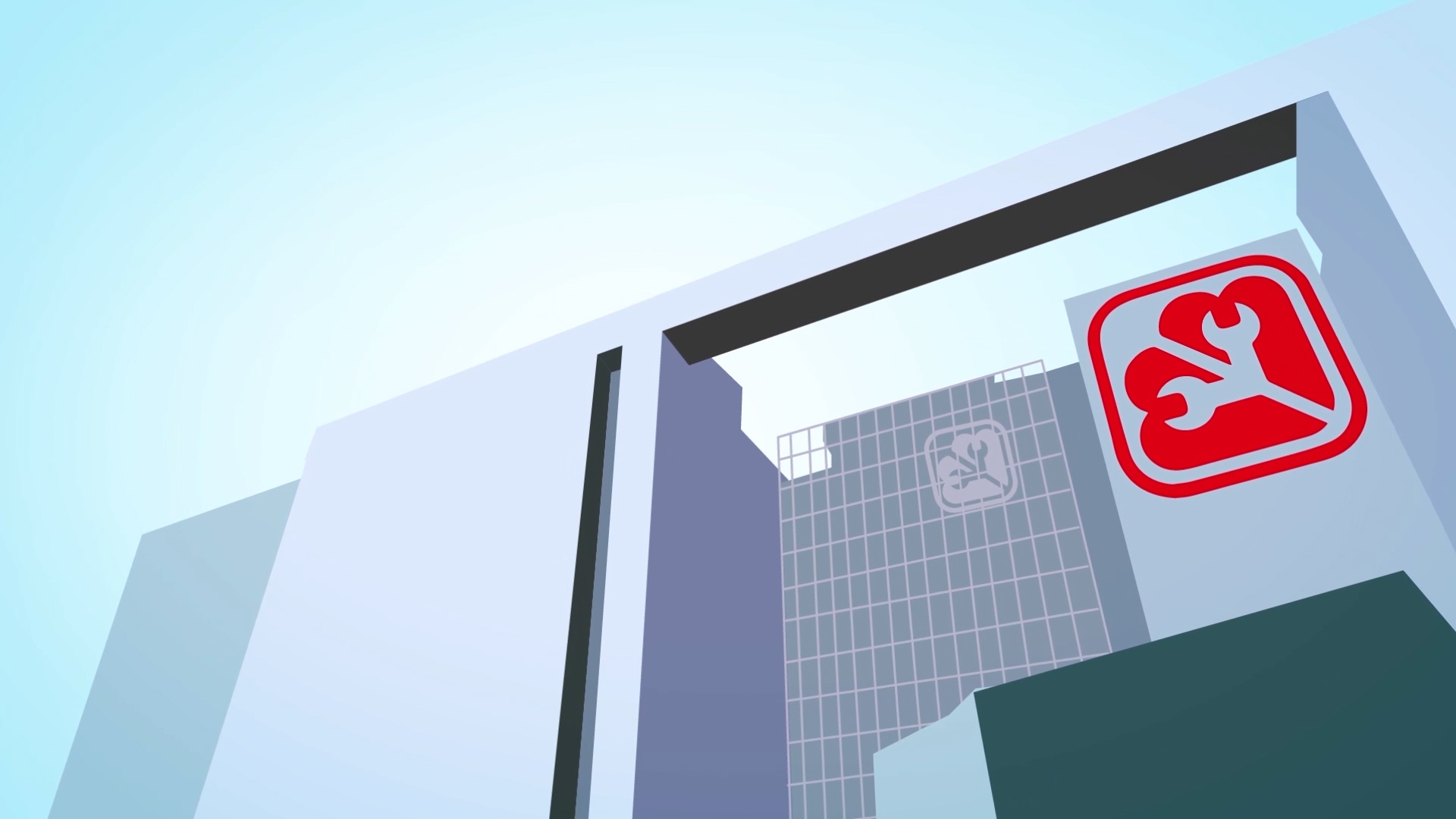 A modern city building with large glass windows, featuring a red and white sign with a stylized person using a computer, and another similar logo visible on the building in the background against a blue sky.