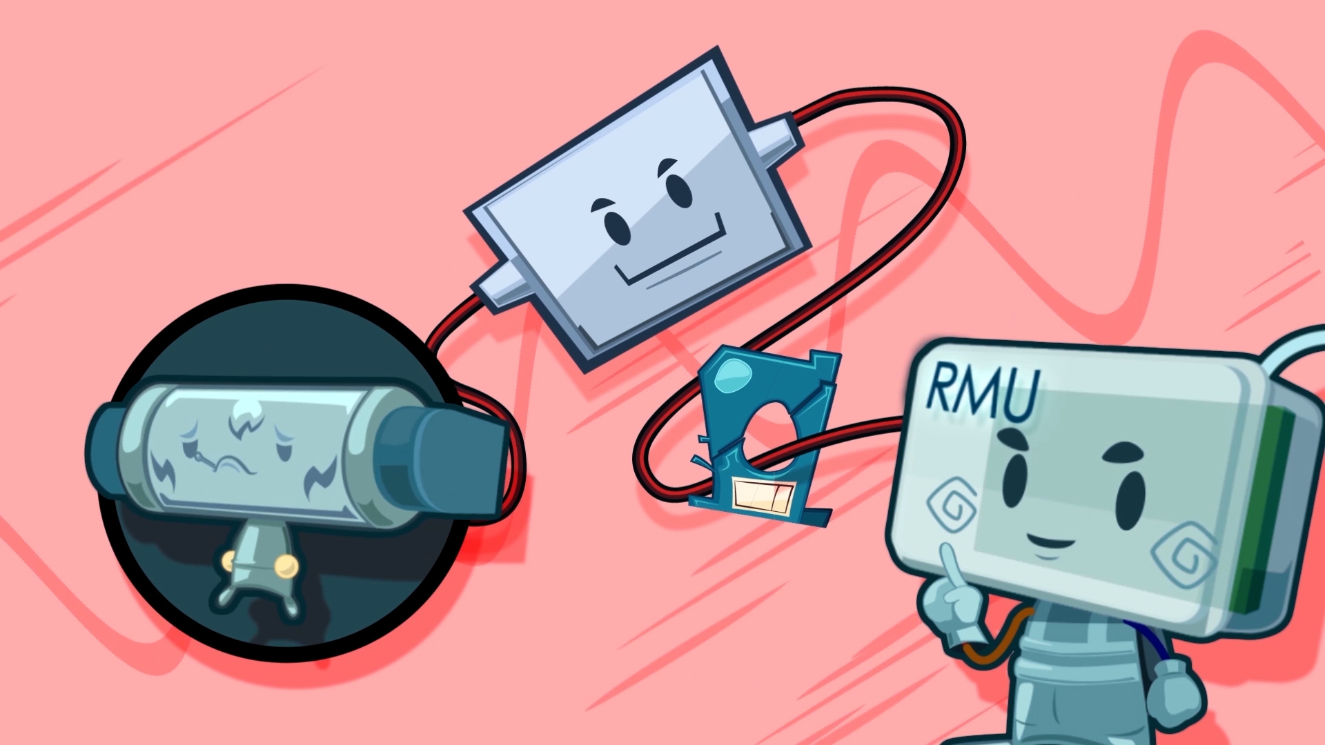A cartoon robot holds a card labeled "RMU" and points at a cylindrical device, while a square-shaped robot with a wire connects them on a pink background.