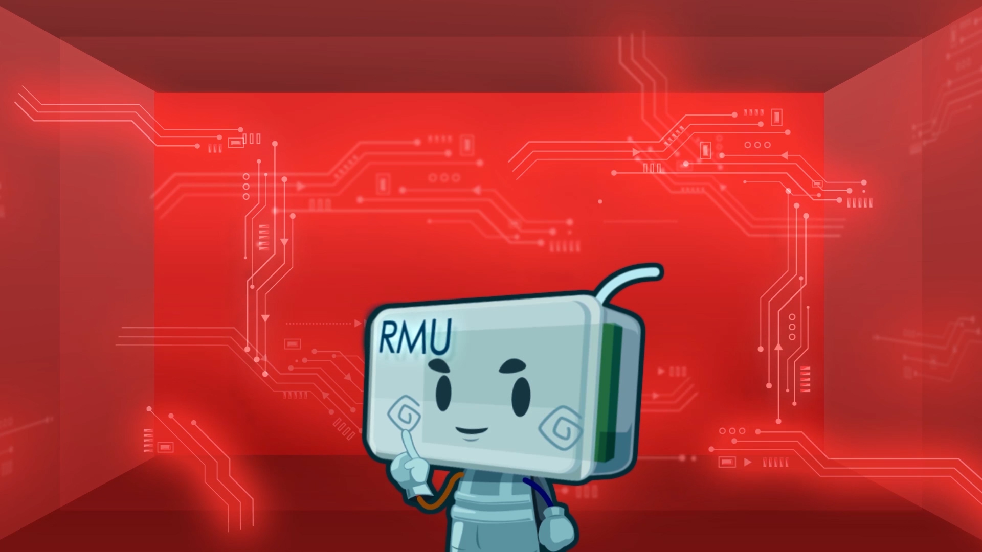 A cartoonish robot with "RMU" written on its head stands smiling, holding a pen in its right hand, against a red background with circuit patterns.