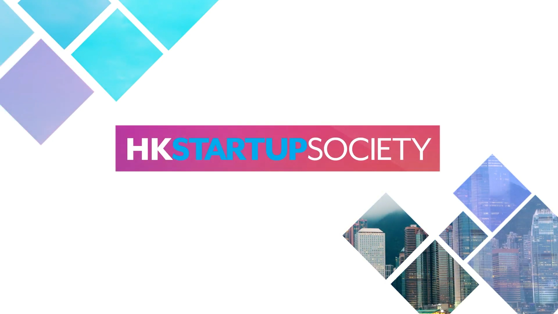 Logo for HK Startup Society, featuring a colorful gradient text banner in the center, with geometric diamond shapes showing blue sky and cityscape images in the corners on a white background.