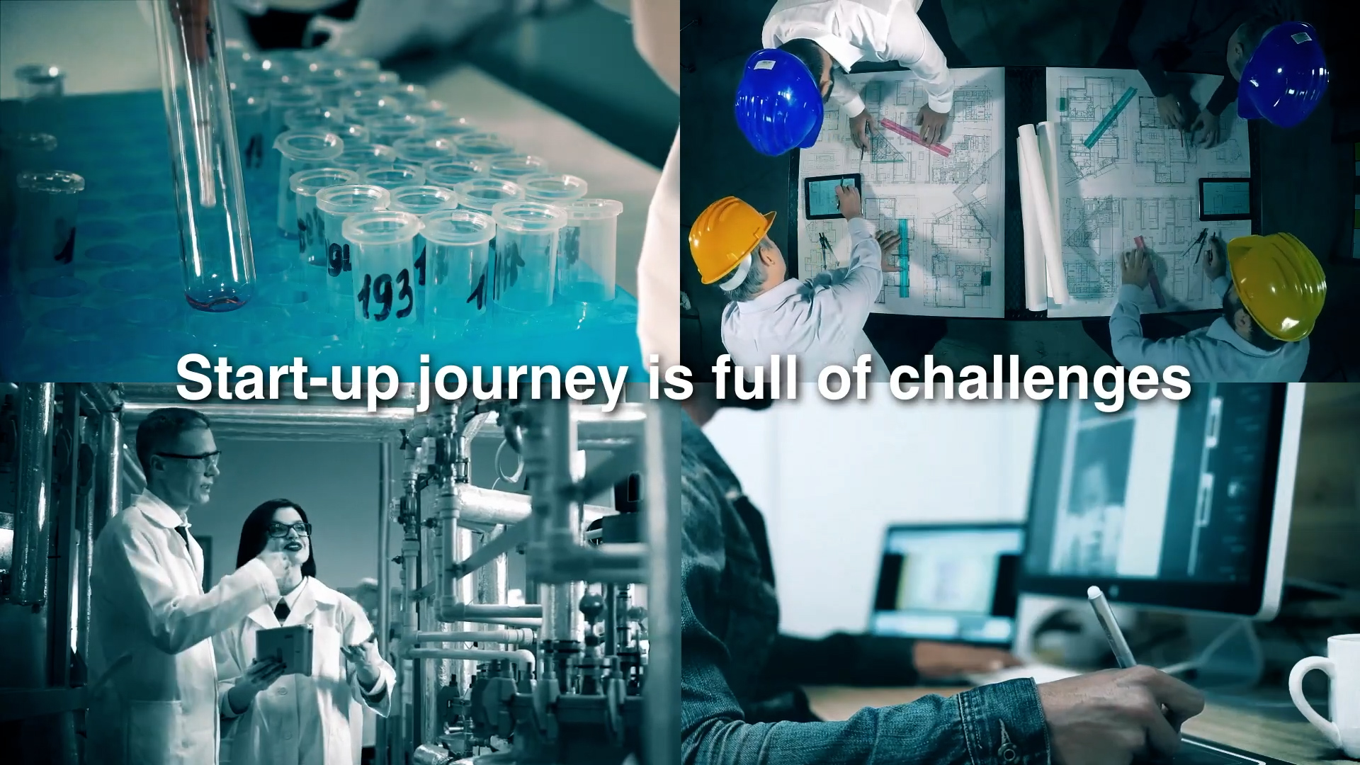 A collage showing scientists with lab equipment, architects reviewing blueprints, and a person working on a computer, with the text "Start-up journey is full of challenges" overlaid in the center.