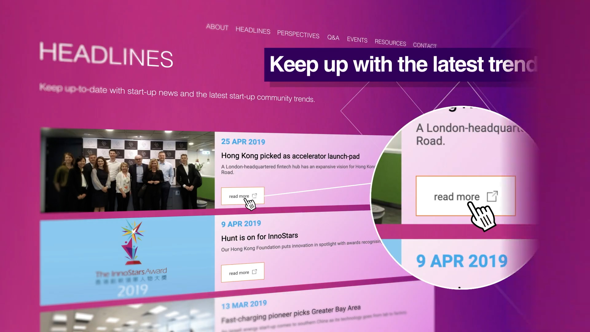 A website page with a "HEADLINES" section displaying news articles, a magnified area highlighting a "read more" button, and a bold overlay text that says, "Keep up with the latest trends.