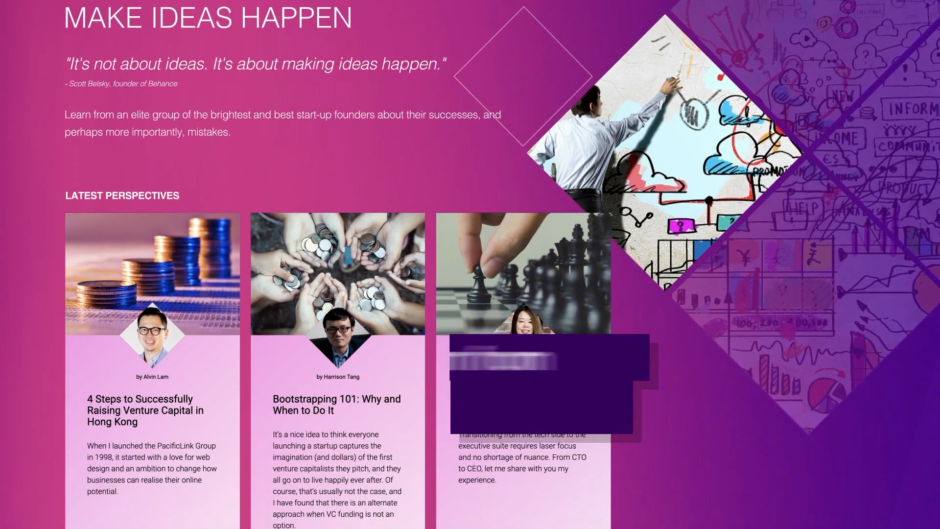 A vibrant website section with a purple-pink gradient background, headline "Make Ideas Happen," and articles on startups, fundraising, and bootstrapping, featuring business-themed images and creative illustrations.