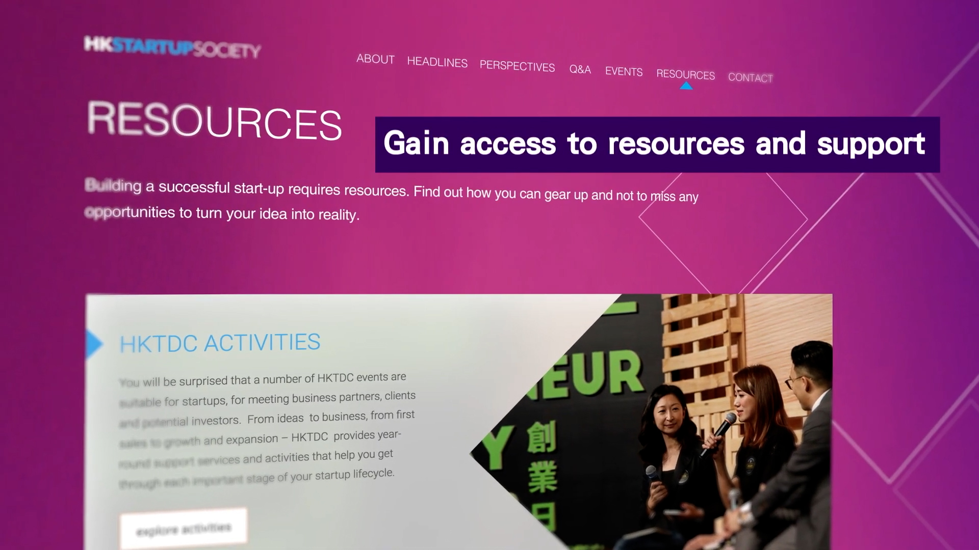 A website page with a pink and purple gradient background reads "RESOURCES" and "Gain access to resources and support." Below, there's a section about HKTDC activities with an image of four people speaking on a panel.