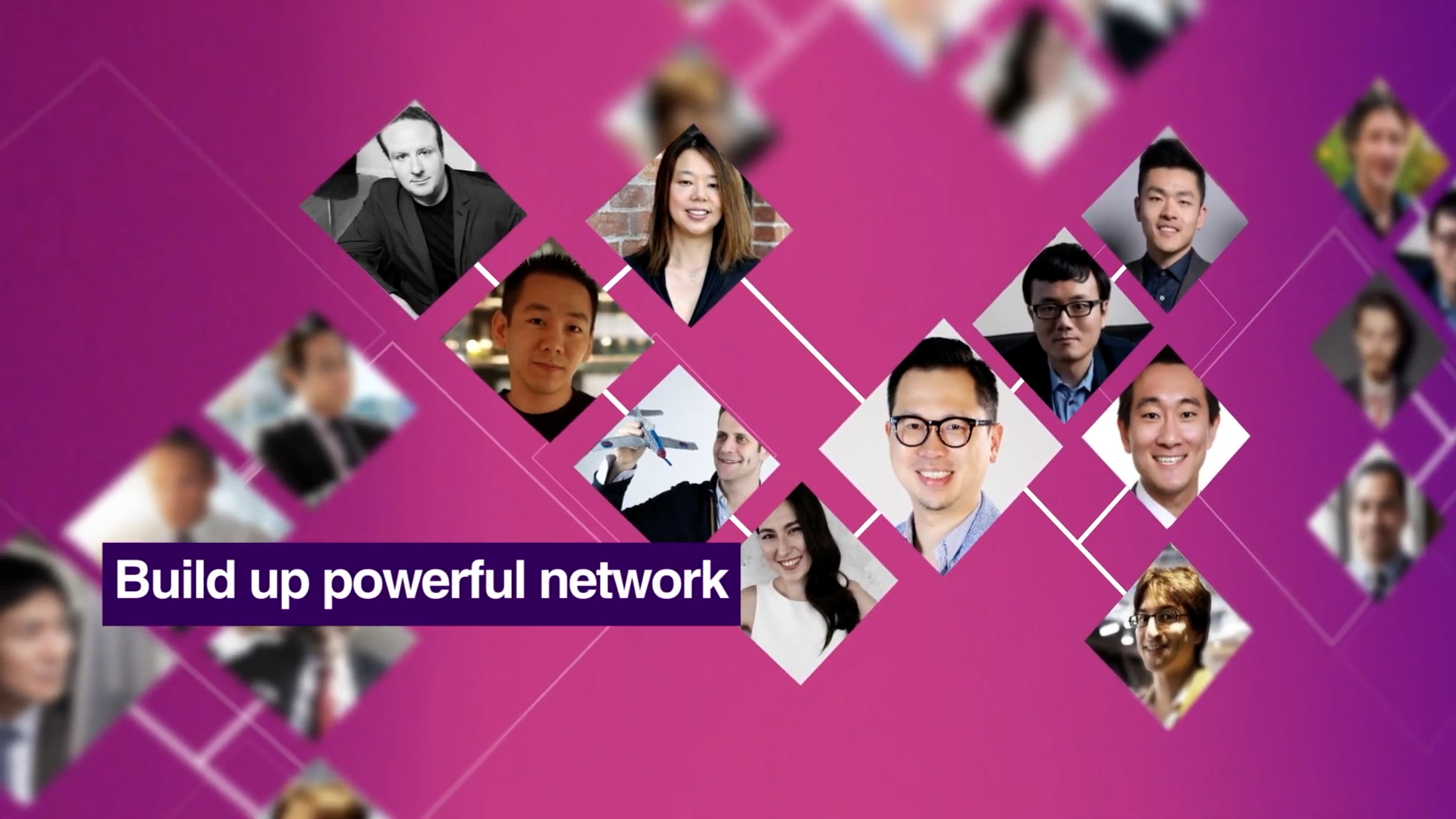 A collage of diverse professional headshots on a pink and purple geometric background, with the text "Build up powerful network" in a dark purple box in the lower left.