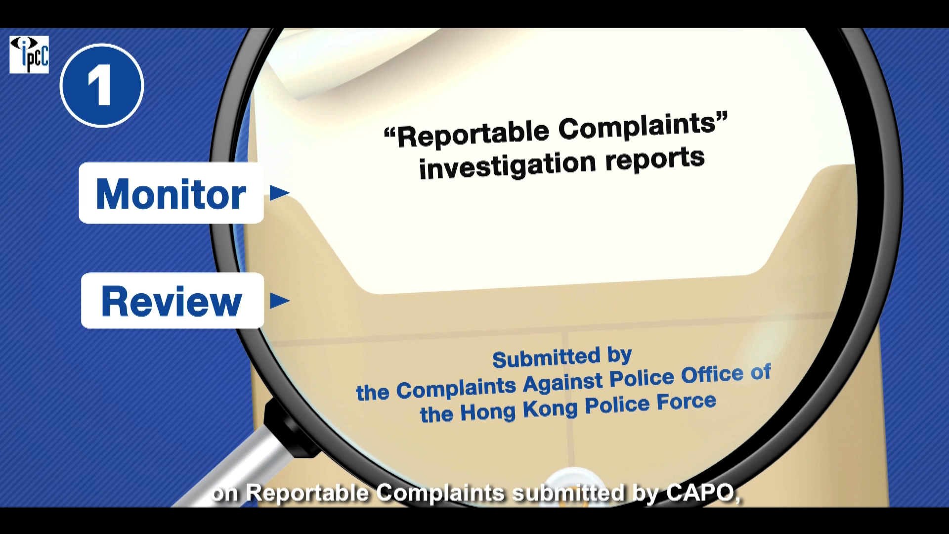 A magnifying glass highlights a folder labeled “Reportable Complaints” investigation reports. Blue arrows read “Monitor” and “Review.” Text indicates submission by the Hong Kong Police Force’s Complaints Against Police Office.