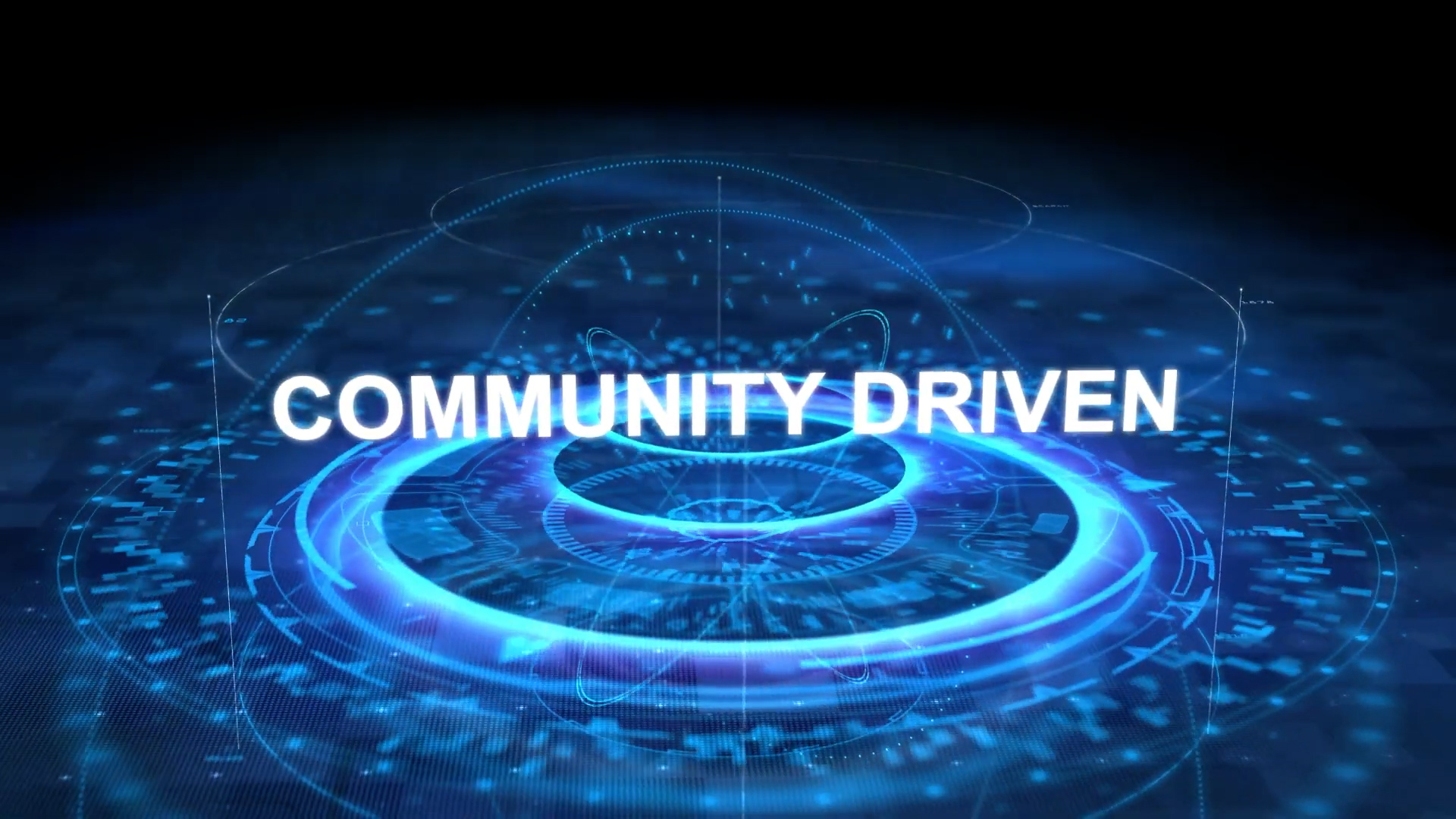 Futuristic blue digital interface with circular patterns and glowing lines, featuring the words "COMMUNITY DRIVEN" in bold white letters at the center.