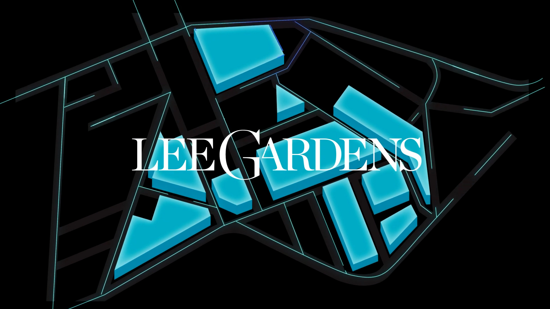 A stylized map with glowing blue shapes representing buildings or areas. The words "LEE GARDENS" appear centered in large white serif text over the map on a black background.