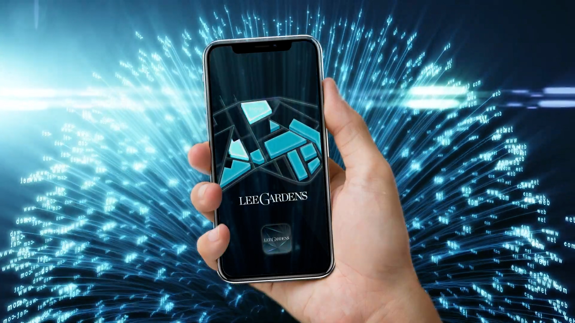 A hand holds a smartphone displaying the Lee Gardens app logo, with blue digital light streaks and glowing effects radiating in the background, giving a high-tech, futuristic feel.