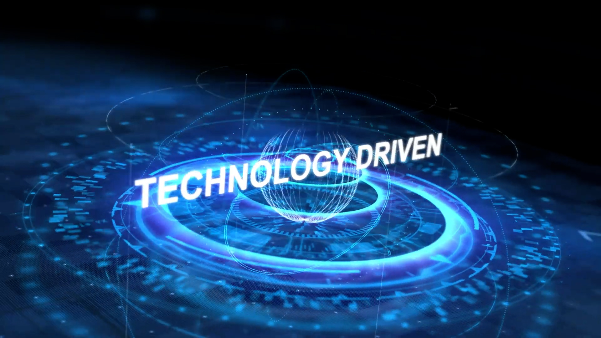 Futuristic blue digital graphic with a glowing globe at the center and the words "TECHNOLOGY DRIVEN" in bold white text, surrounded by circular light patterns and digital elements.
