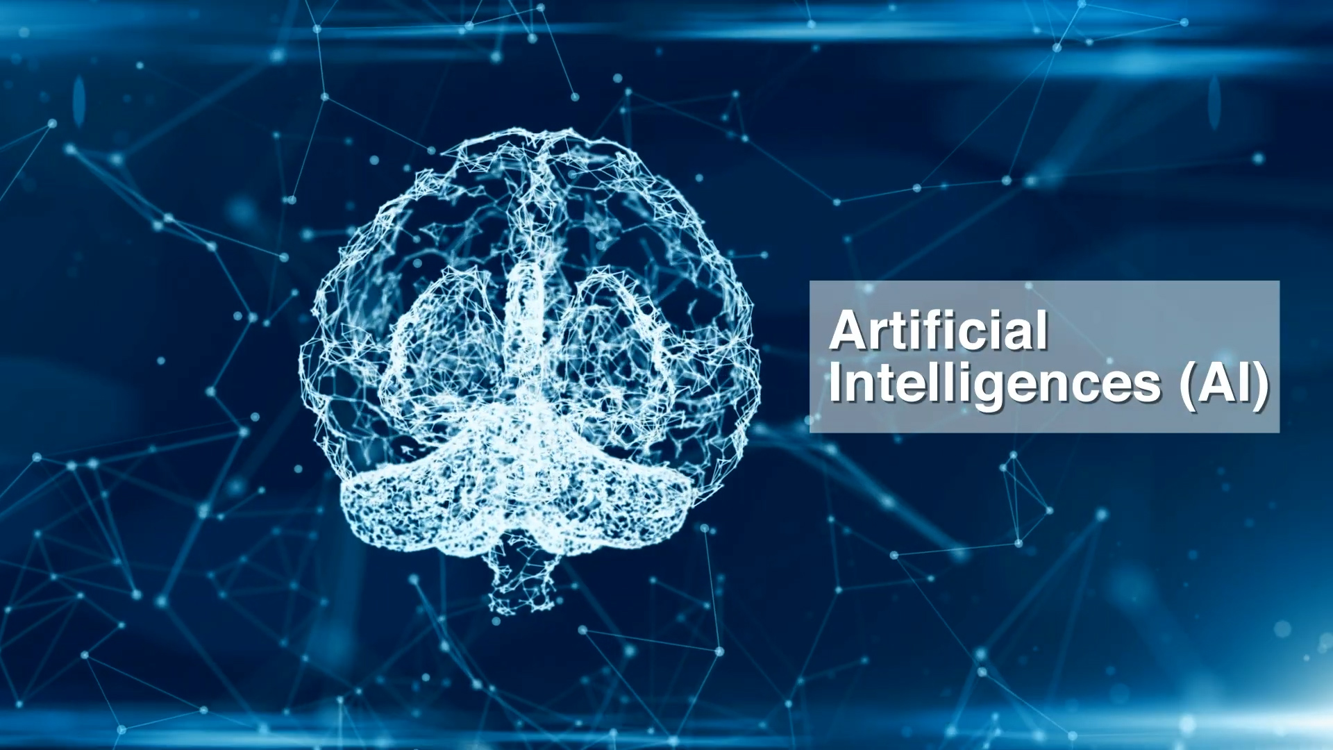 A digital, glowing brain is depicted with interconnected lines and dots on a blue background. The words “Artificial Intelligences (AI)” appear in bold, white text inside a gray rectangle on the right side of the image.