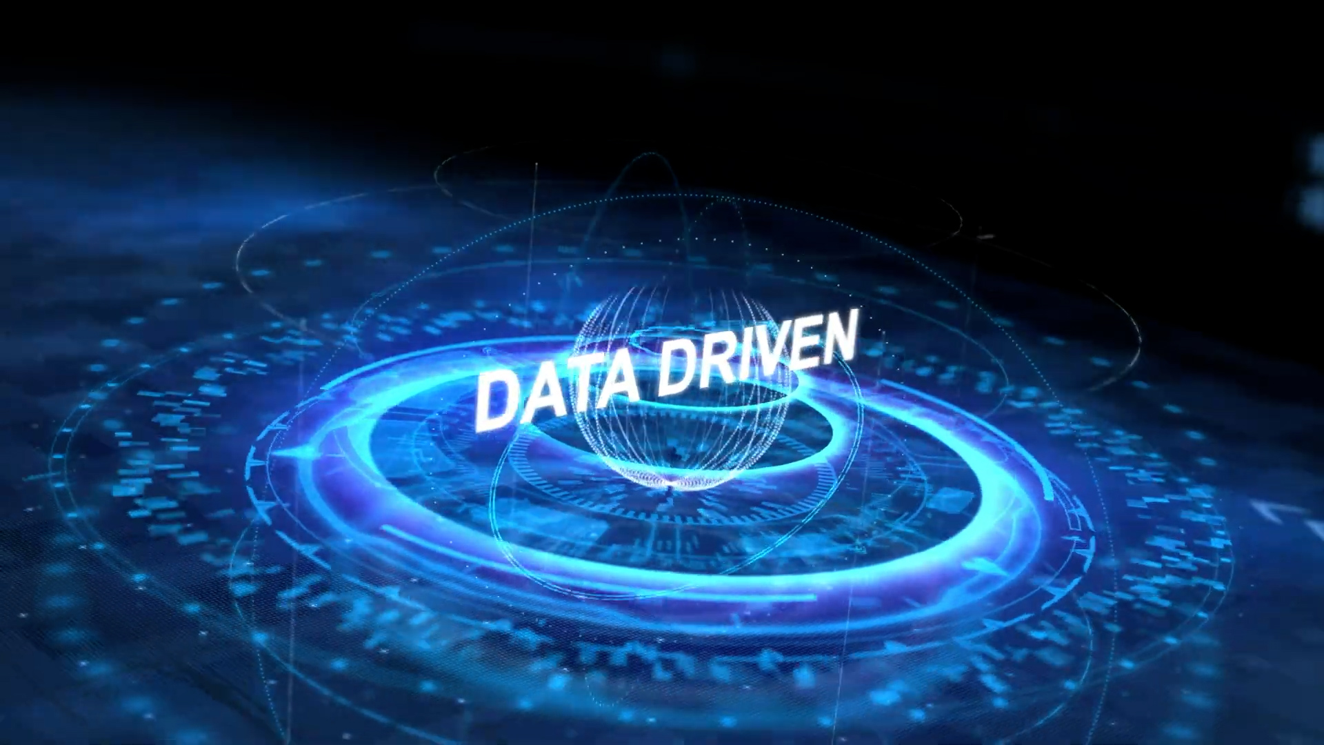 A glowing blue digital globe surrounded by circular light patterns features the words "DATA DRIVEN" in white, set against a dark background with futuristic technology elements.