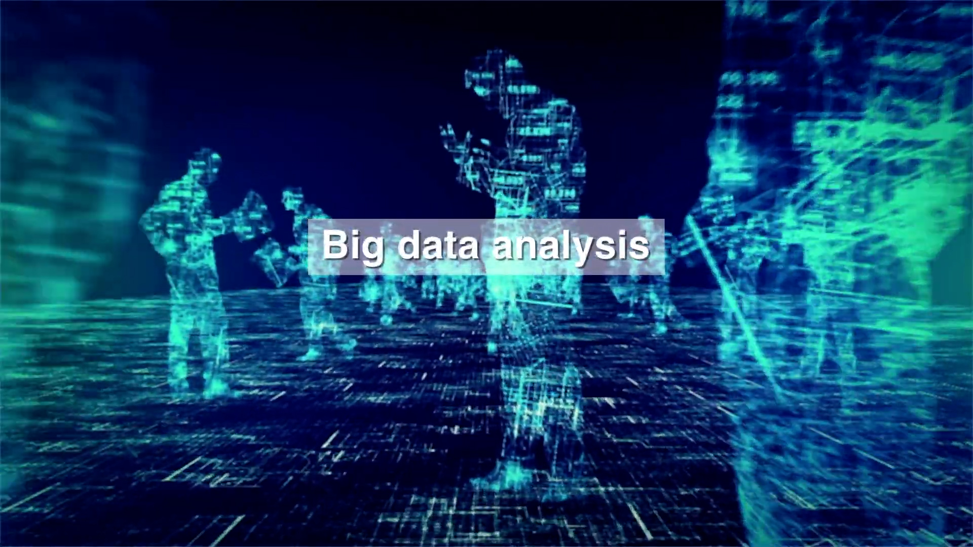 Digital blue wireframe figures stand on a grid with glowing lines, representing people interacting with data. The words "Big data analysis" appear in bold white text across the center.