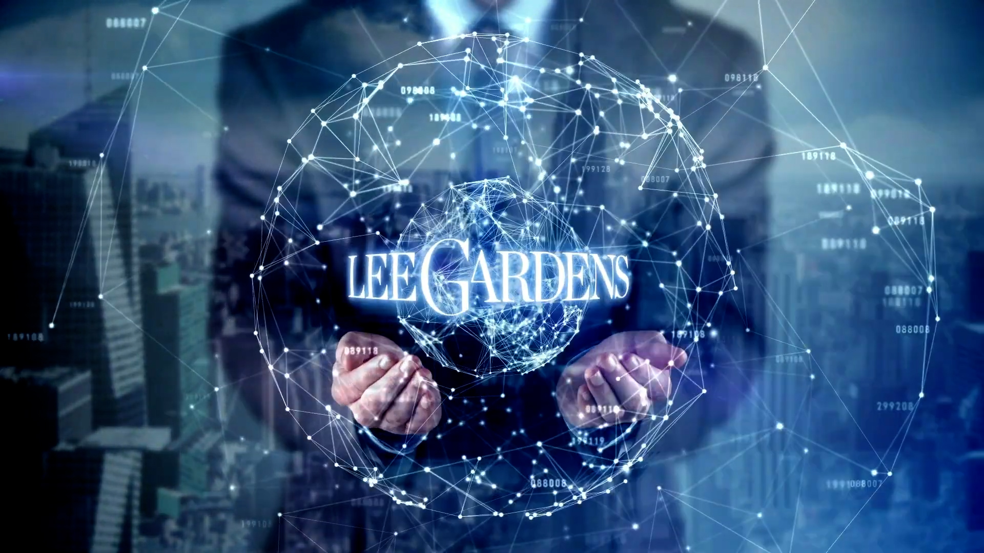A person in a suit holds out cupped hands with a digital globe and network of connected lines and nodes. The text "LEE GARDENS" appears glowing in the center above their hands. A cityscape is visible in the background.