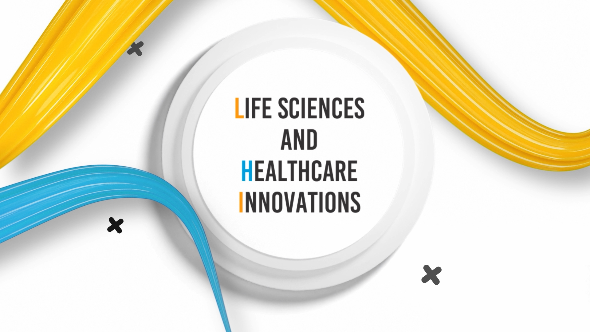 A white circular platform with the words "Life Sciences and Healthcare Innovations" in black, orange, and blue text, surrounded by yellow and blue curved lines and small black X shapes on a white background.