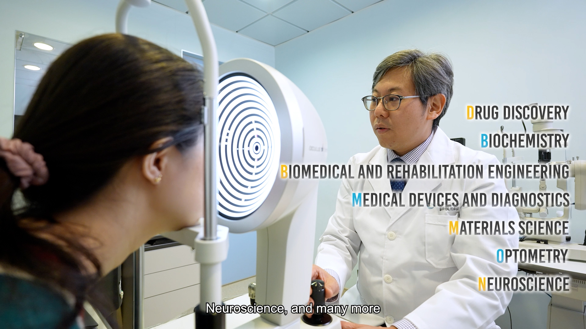 A doctor in a white coat examines a female patient’s eye with a medical device. Keywords like "Drug Discovery," "Biochemistry," "Optometry," and others appear, highlighting various scientific fields. Subtitles read: "Neuroscience, and many more.