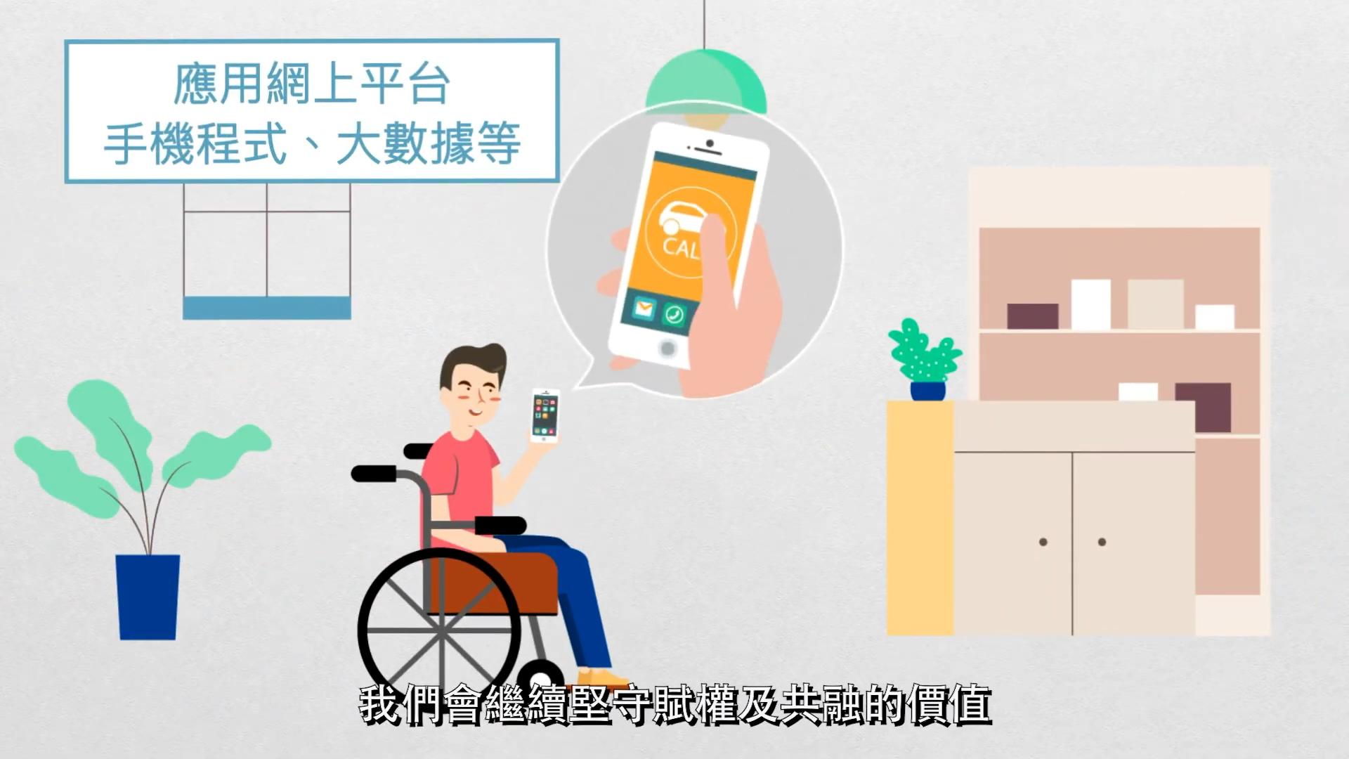 A person in a wheelchair holds a smartphone, with a speech bubble showing an app on the phone. There are Chinese texts about online platforms, mobile apps, and data, plus subtitles at the bottom. The scene includes plants and shelves.