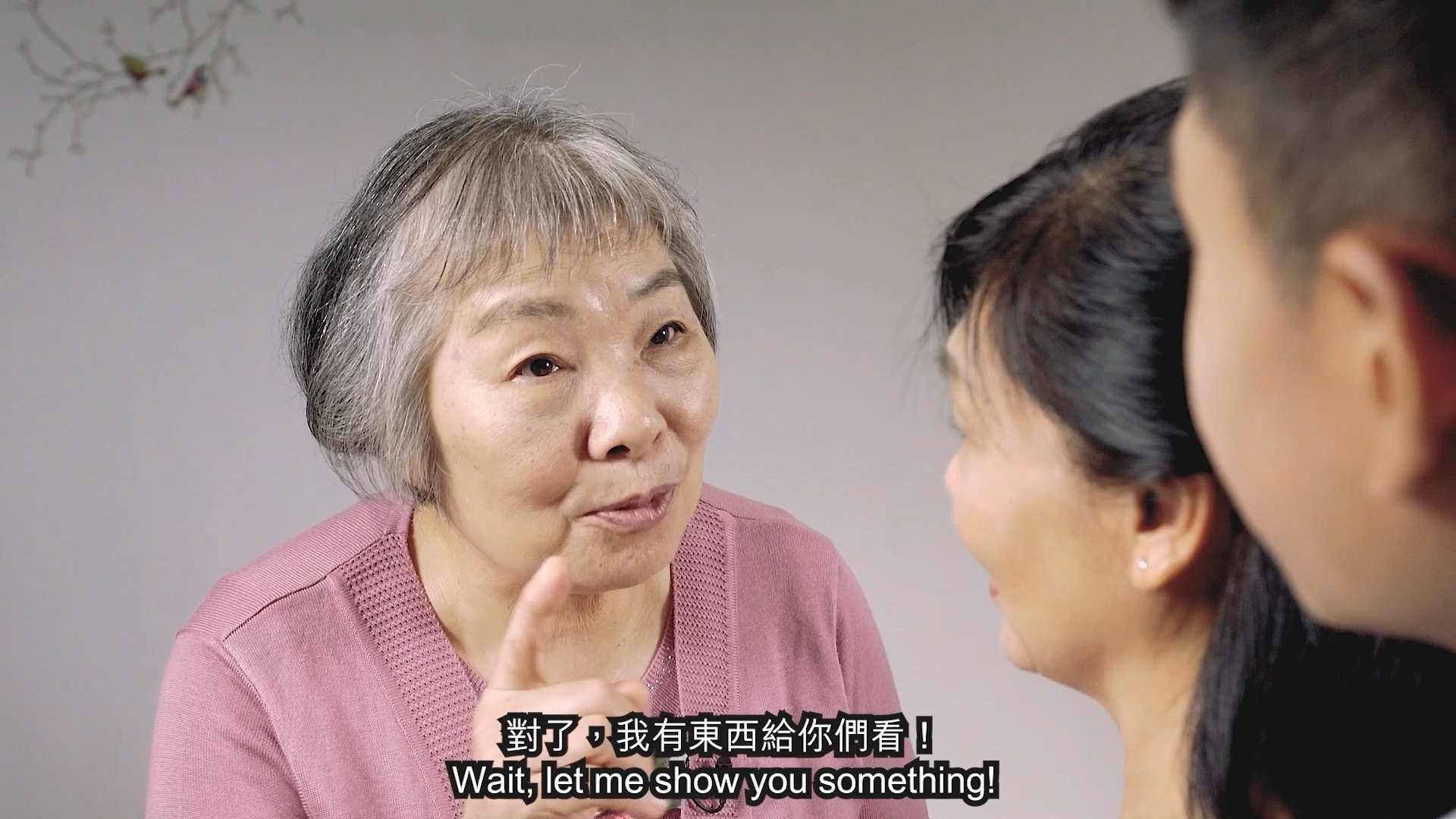 An elderly woman in a pink sweater gestures while speaking to two people, with subtitles reading, "Wait, let me show you something!" and Chinese text below the image.